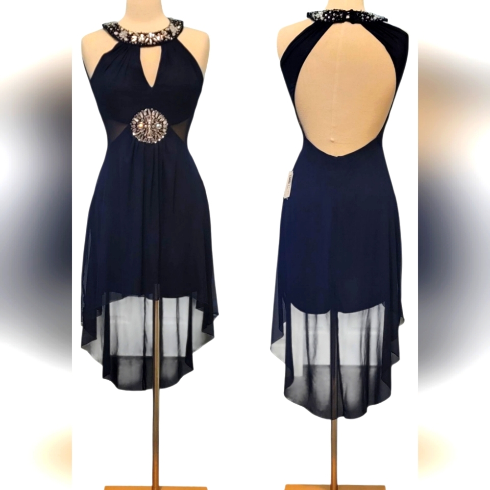 B.Darlin Sheer Embellished Jewelled Rhinestone High Low Open Back Cocktail Dress